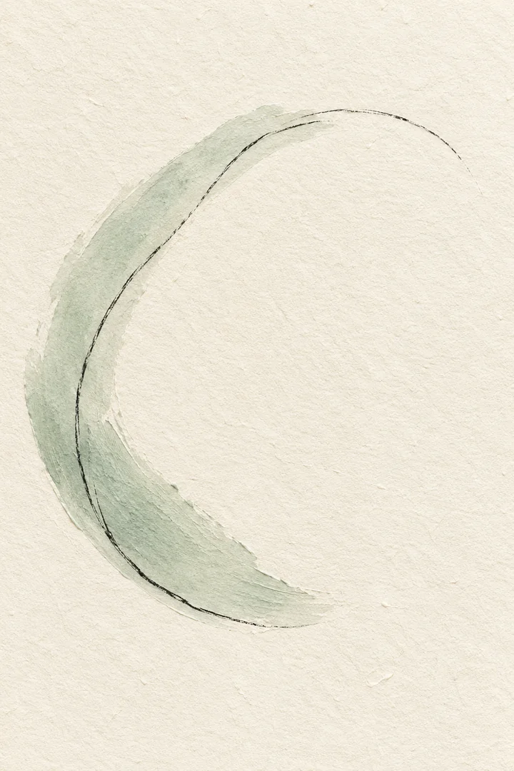 A pale celadon organic arc and charcoal line on textured ivory paper.