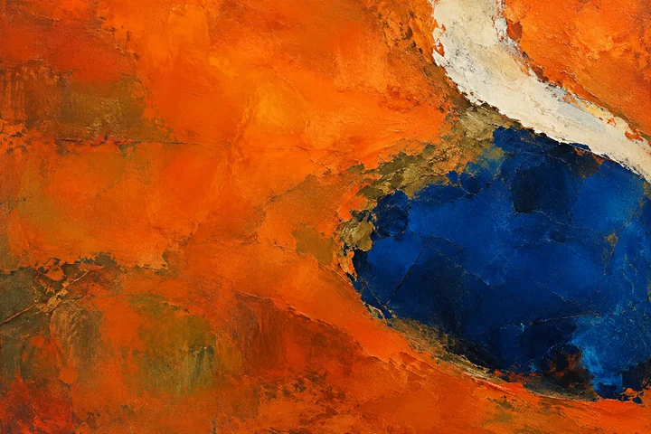 Cobalt and chalk-white shapes interrupt a textured burnt-orange abstract field.