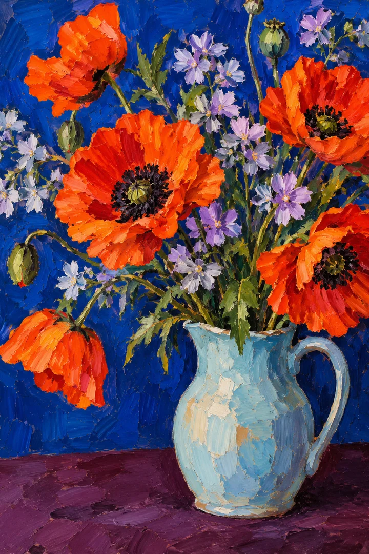 Red poppies and lilac flowers in a pale blue jug against cobalt blue.