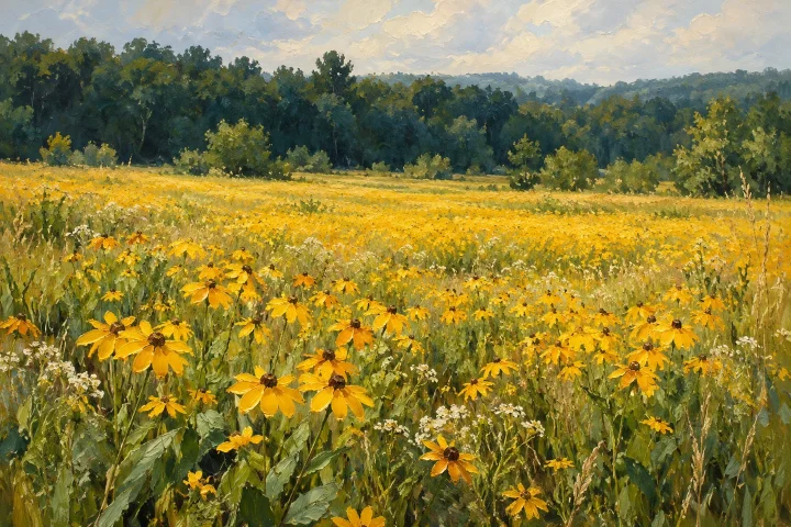 a field of wild yellow flowers with a dark green wooded horizon