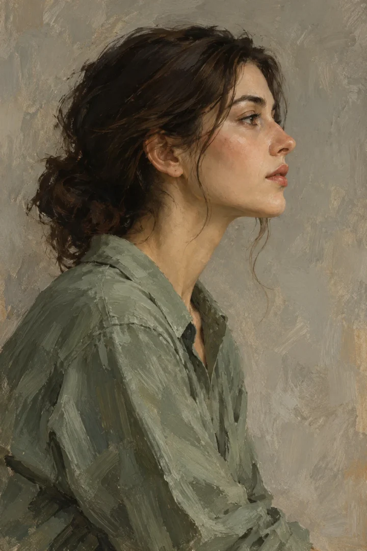 fictional adult person in a sage shirt seen in profile against warm grey