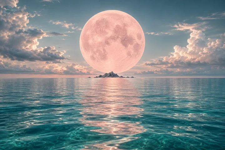 An impossibly large pale pink moon floats above a turquoise sea.