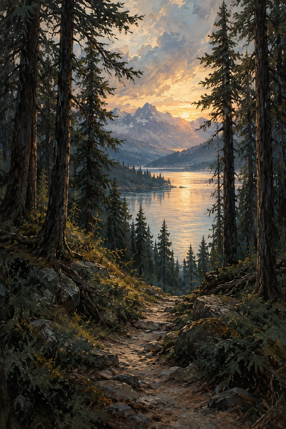a narrow path through dark pines opening onto a luminous lake