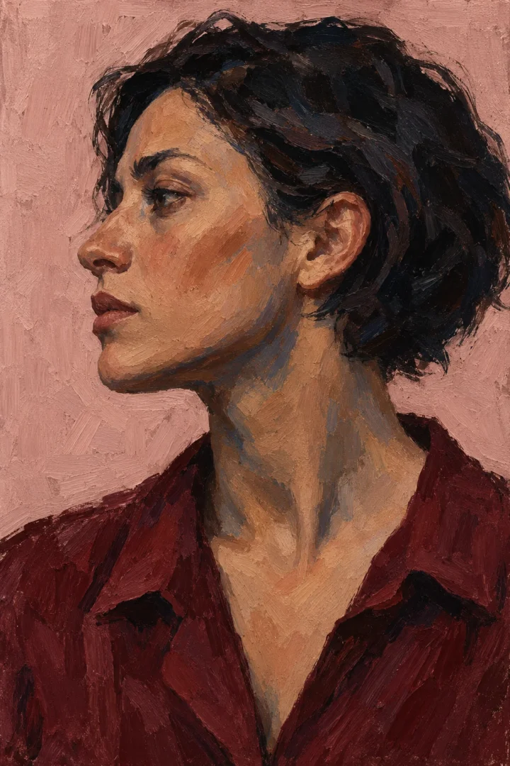Painterly profile of a woman with dark hair and burgundy clothing against dusty rose.