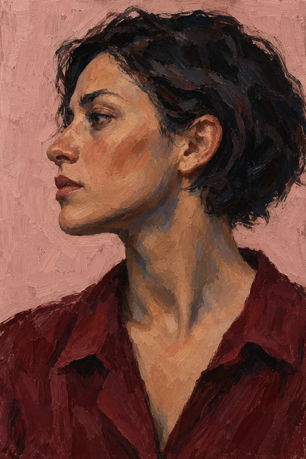 Painterly profile of a woman with dark hair and burgundy clothing against dusty rose.