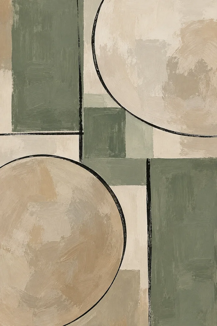 muted sage rectangles and warm stone circles offset by a black stroke