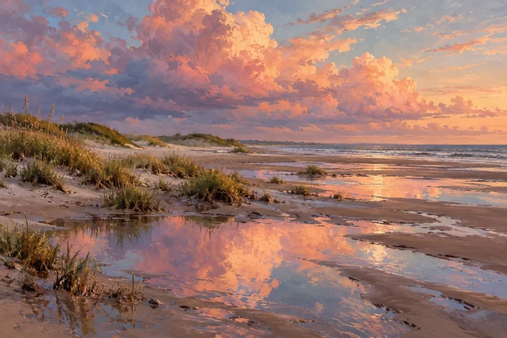 wet coastal dunes with rose clouds reflected in shallow pools