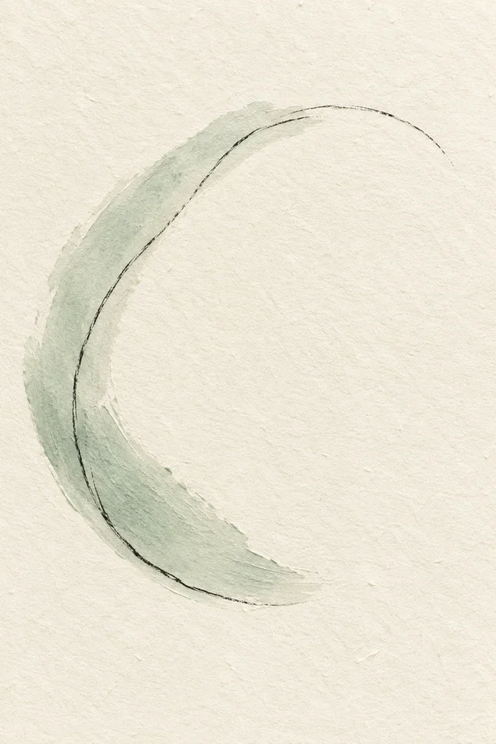 A pale celadon organic arc and charcoal line on textured ivory paper.