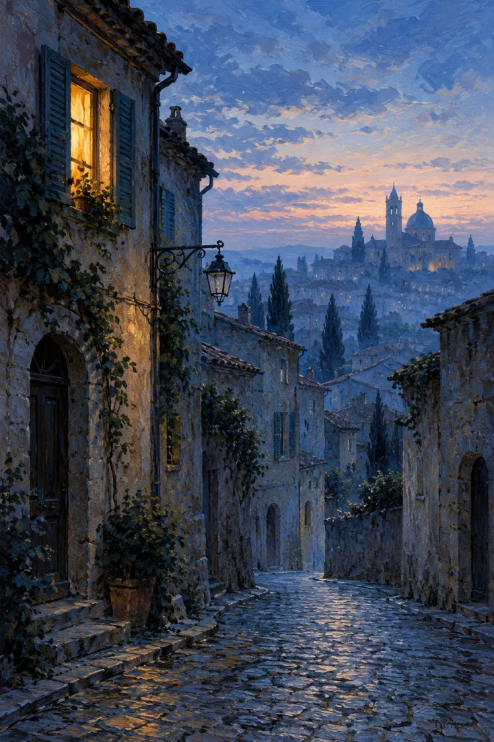 empty old European street at blue dawn, one warmly lit window