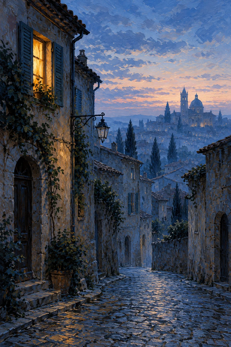 empty old European street at blue dawn, one warmly lit window