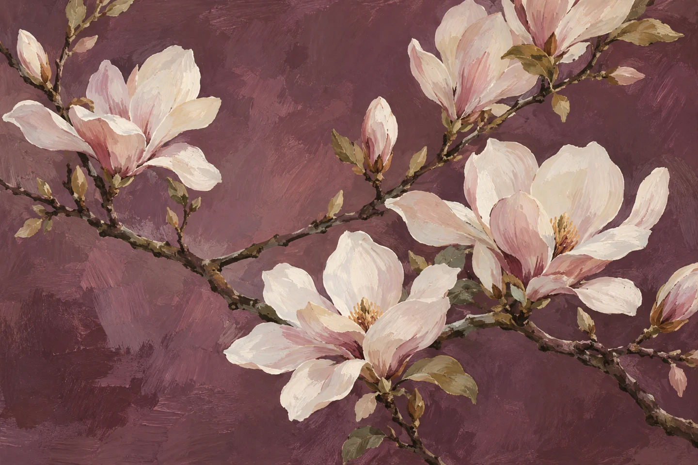 delicate magnolia branches crossing a dusty plum background