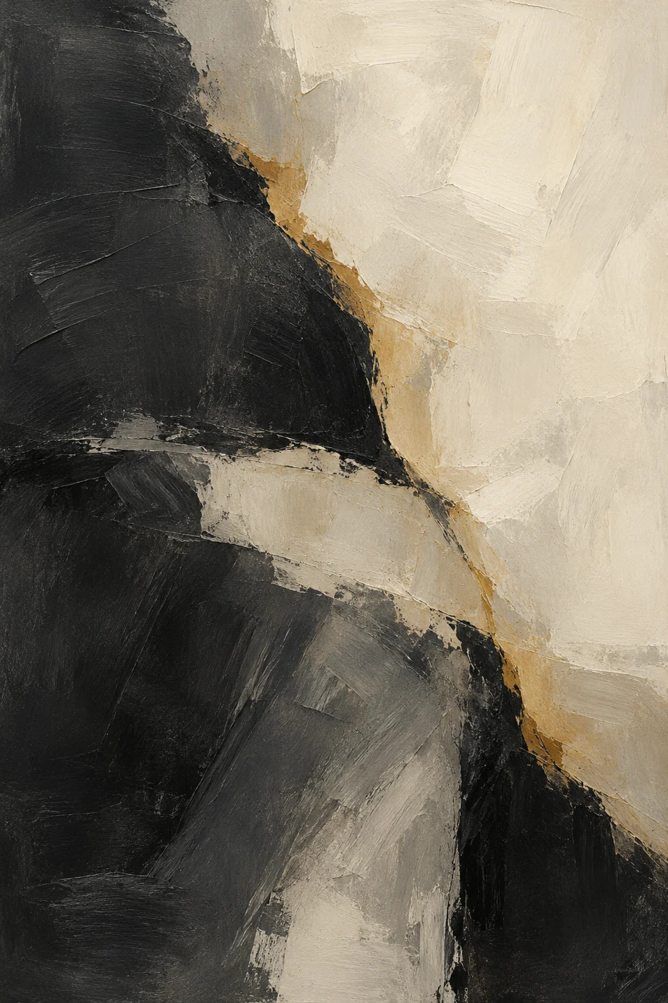 charcoal and cream gestural surfaces with a subtle ochre seam