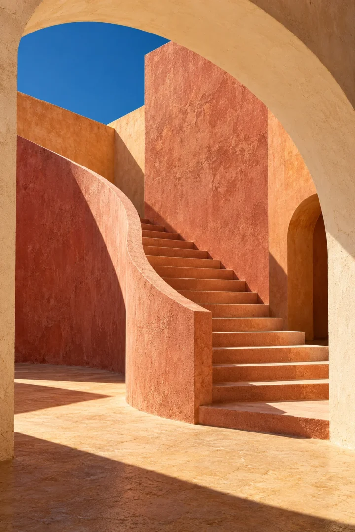 Sunlight casts geometric shadows across a pink-ochre staircase and white arch.
