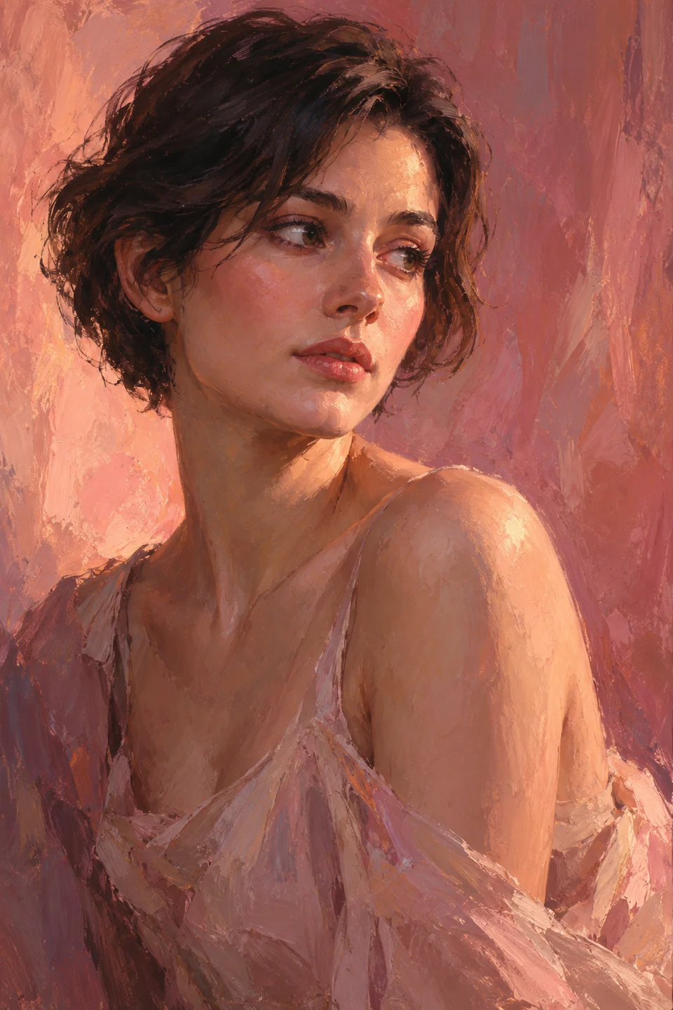fictional adult woman with short dark hair seen three-quarter in rose light