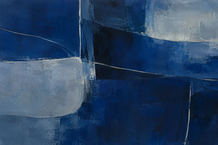 deep blue fields interrupted by fine pale lines and soft slate shapes