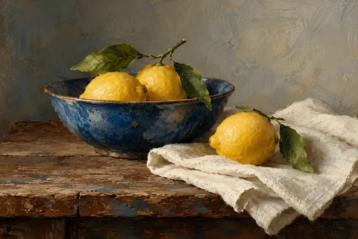 three lemons, blue bowl and folded ivory linen on an old table