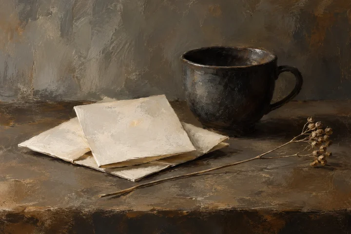 folded papers, a dark ceramic cup and a single dried stem