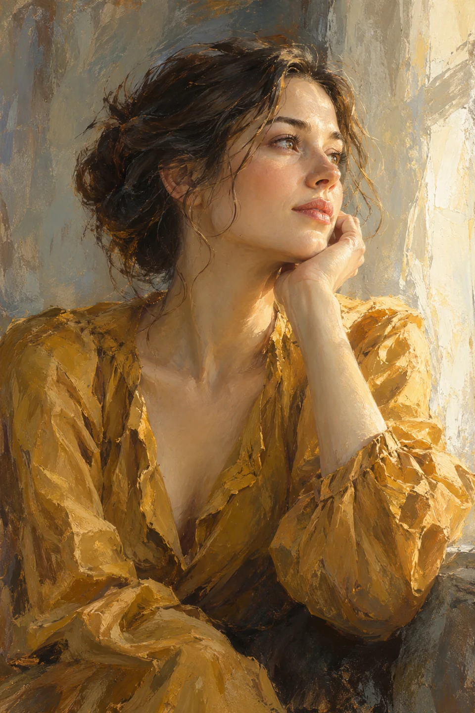 fictional adult woman in ochre blouse looking toward an unseen window