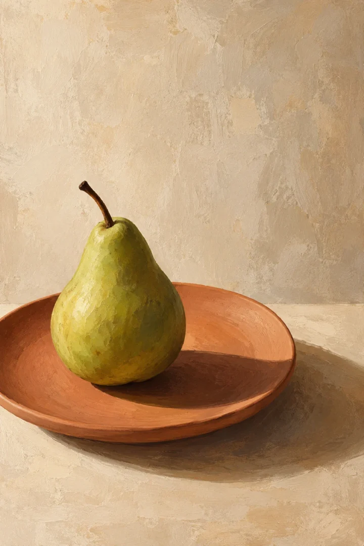 a green pear and terracotta plate with a long soft shadow