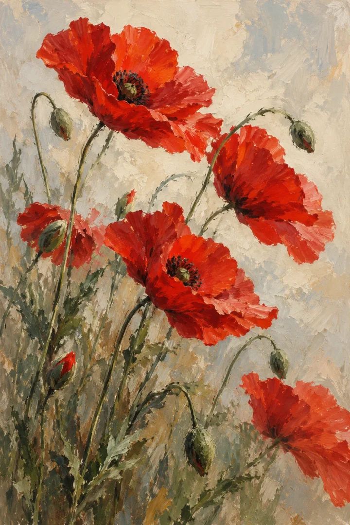 red poppies bending across a soft chalk backdrop