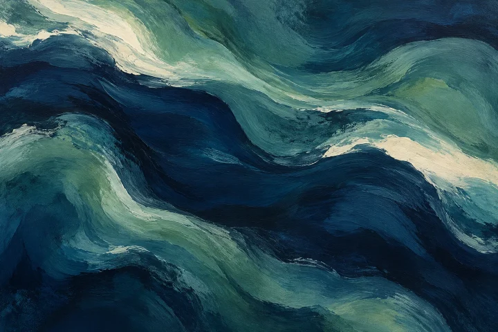 fluid midnight-blue and sea-green bands with small cream breaks