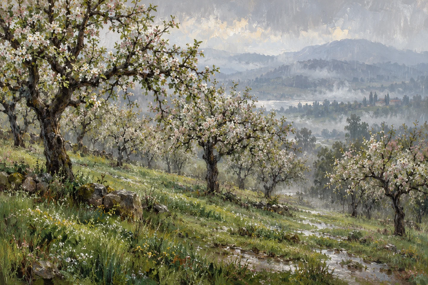 an old orchard in soft rain, wet grass and pale distant hills