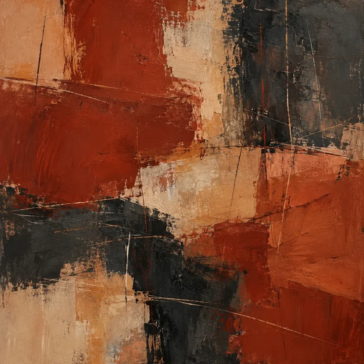 rust-red, clay and warm charcoal patches with scratched gestures