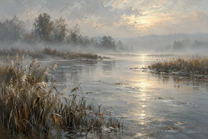 a wide slow river and reeds in mist, silver reflections