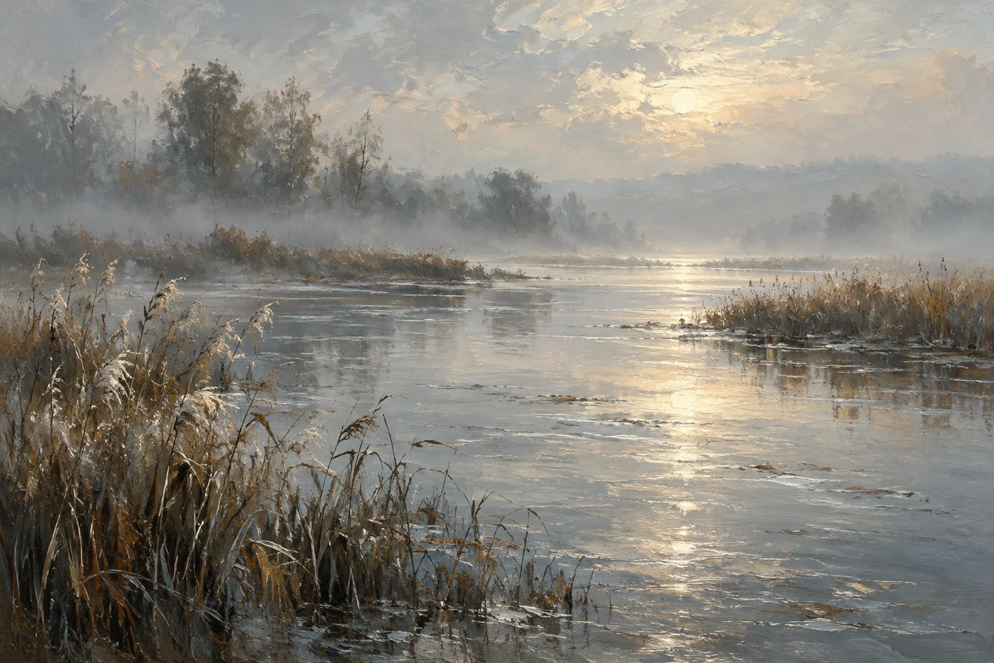 a wide slow river and reeds in mist, silver reflections