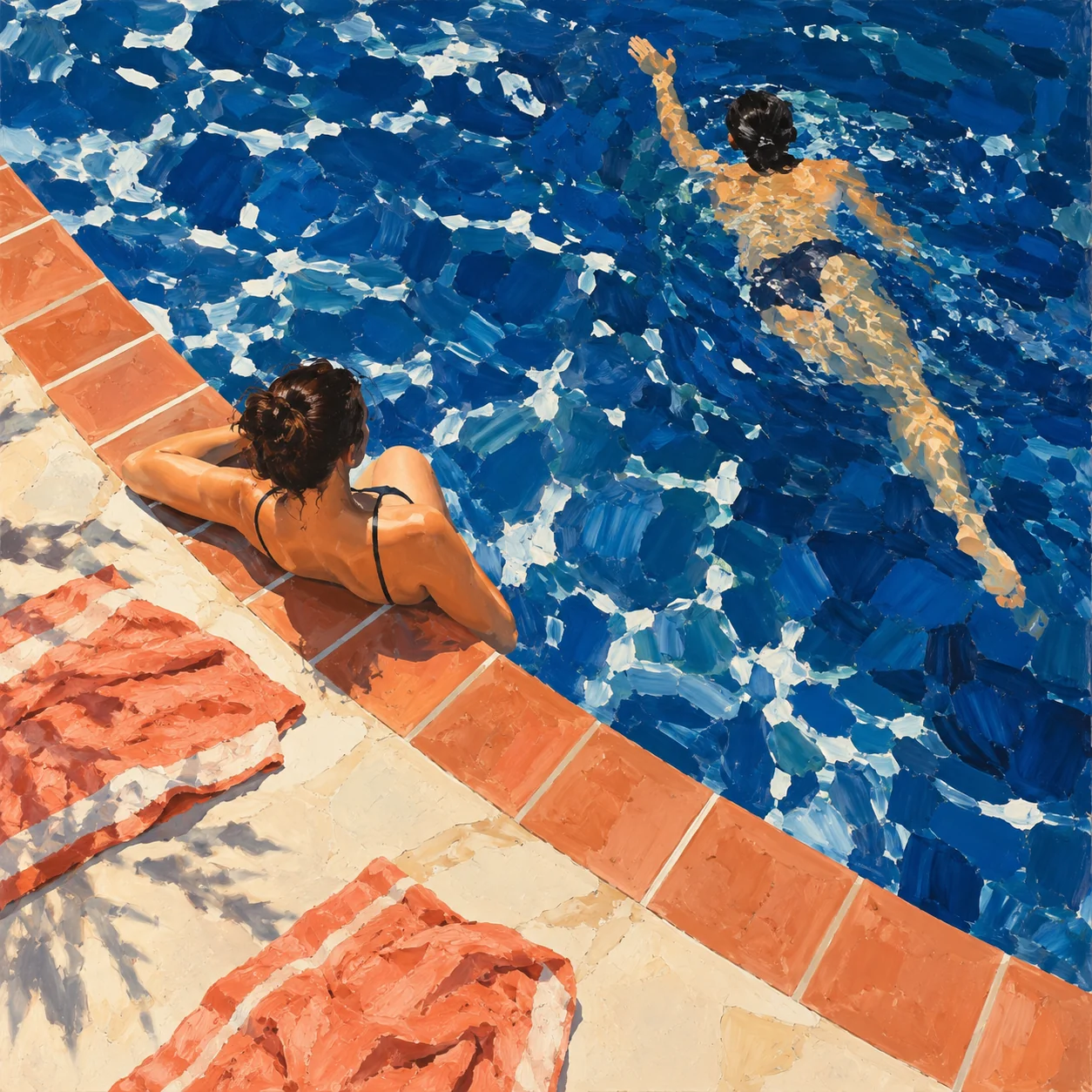 Two bathers seen from above beside a deep blue pool and terracotta tiles.