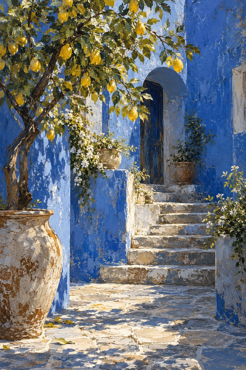 a quiet cobalt courtyard, lemon tree and worn stone steps
