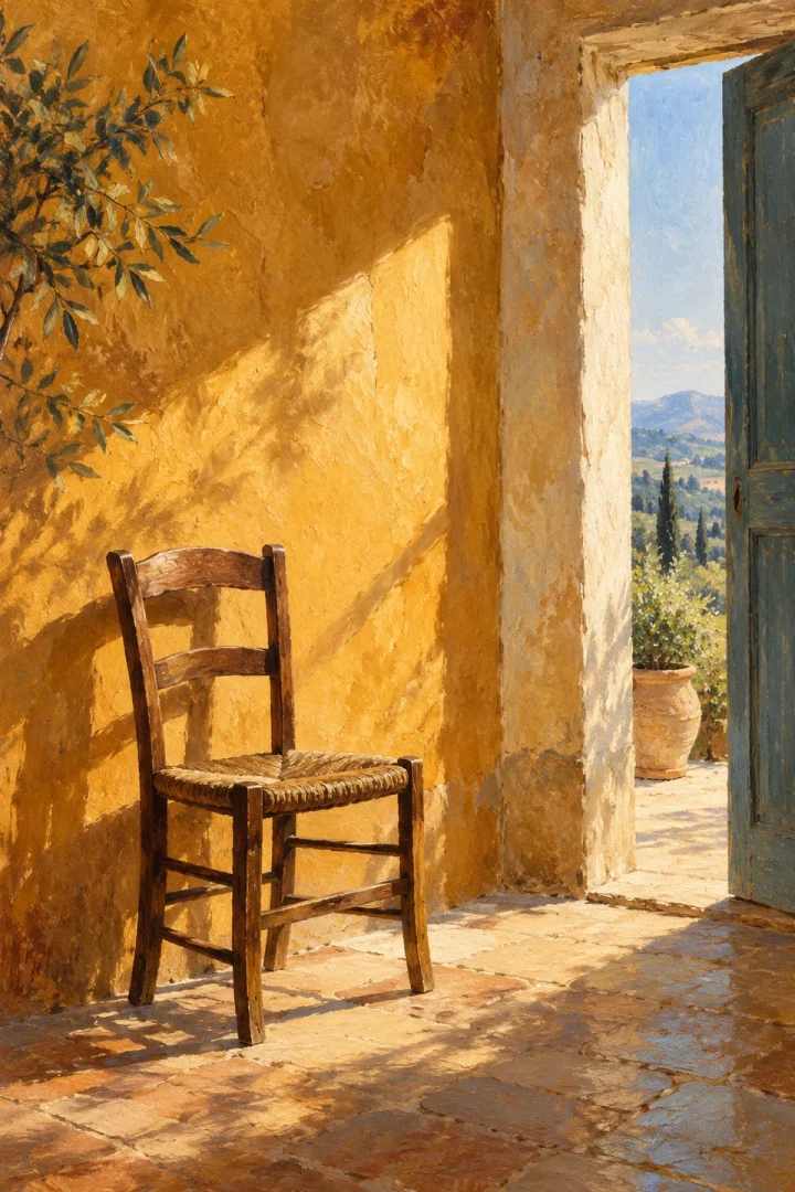 a simple wooden chair beside a sunlit ochre wall and open doorway