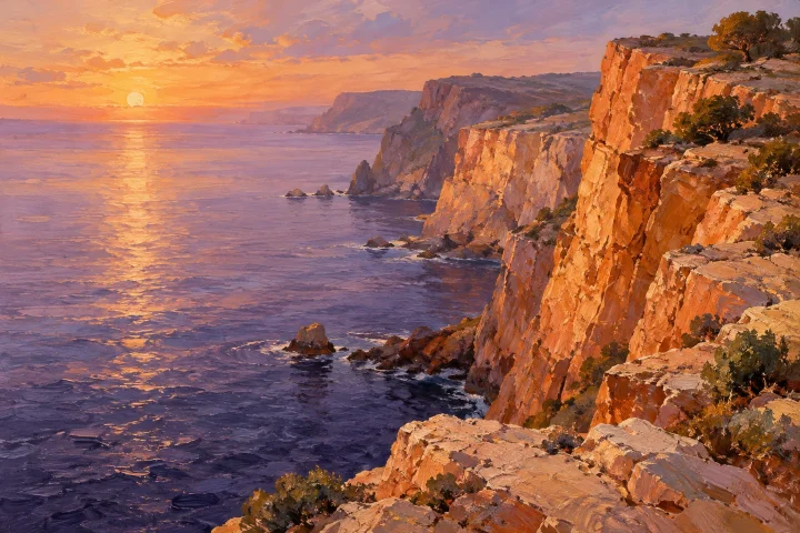 sunlit terracotta cliffs above a quiet violet sea