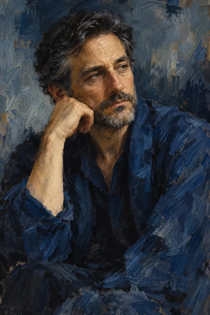 fictional middle-aged adult man in indigo clothing with an introspective expression