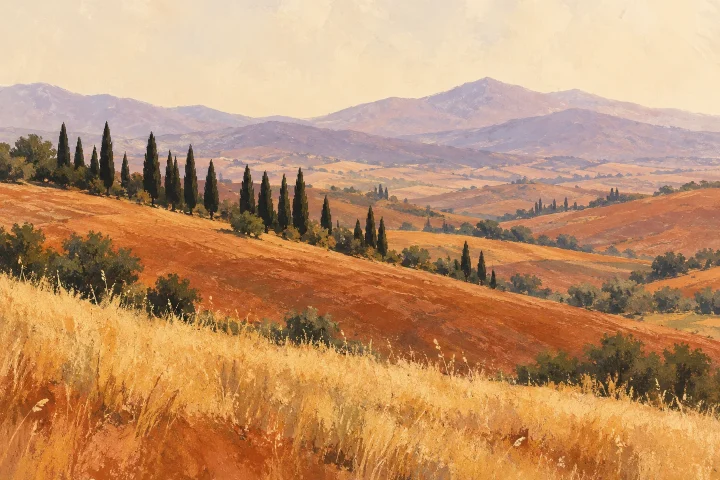 Dark cypress trees rise from golden hills beneath a pale sky.