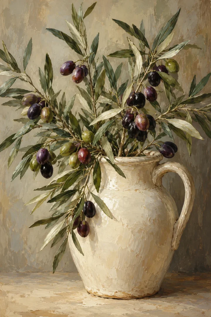 olive branches with dusky fruit in a cream ceramic jug