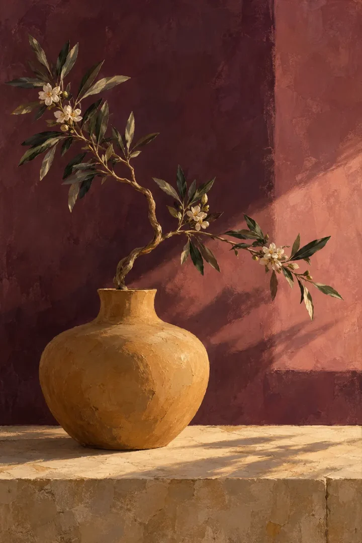 Painterly olive branch with small white flowers in an ochre ceramic vessel against a plum and rose background.