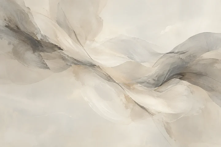 translucent warm grey and ivory gestures floating in wide negative space