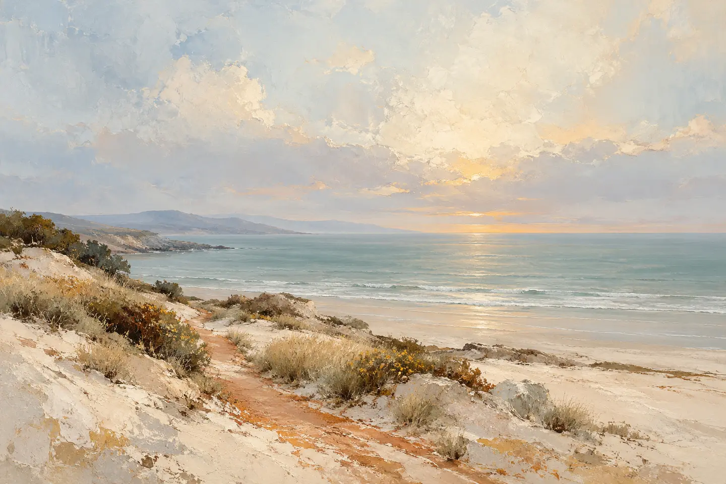 Painterly coastal landscape with a warm path through pale dunes and soft light over a blue-green sea.