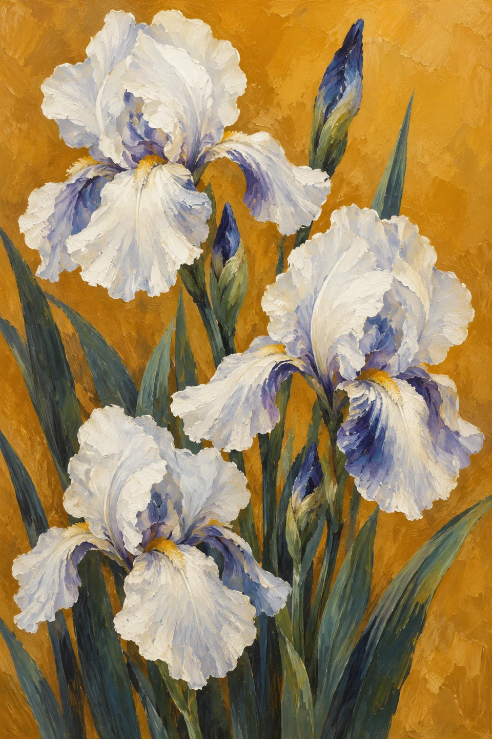 white irises with indigo shadows and long leaves against ochre