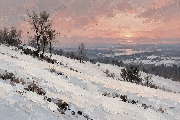 snow-covered hillside with sparse dark trees and rose-grey sky