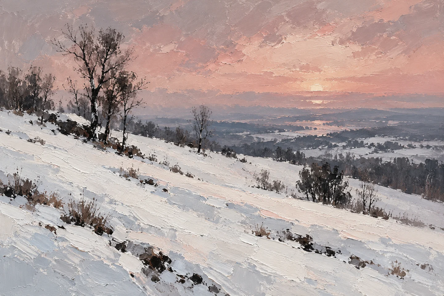 snow-covered hillside with sparse dark trees and rose-grey sky